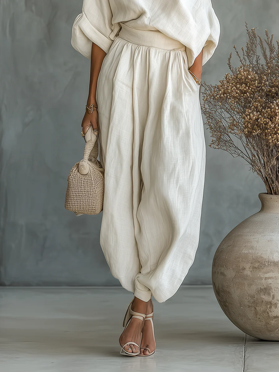Livy | Off-white Off-shoulder Loose Casual Top And Tapered Pants Set