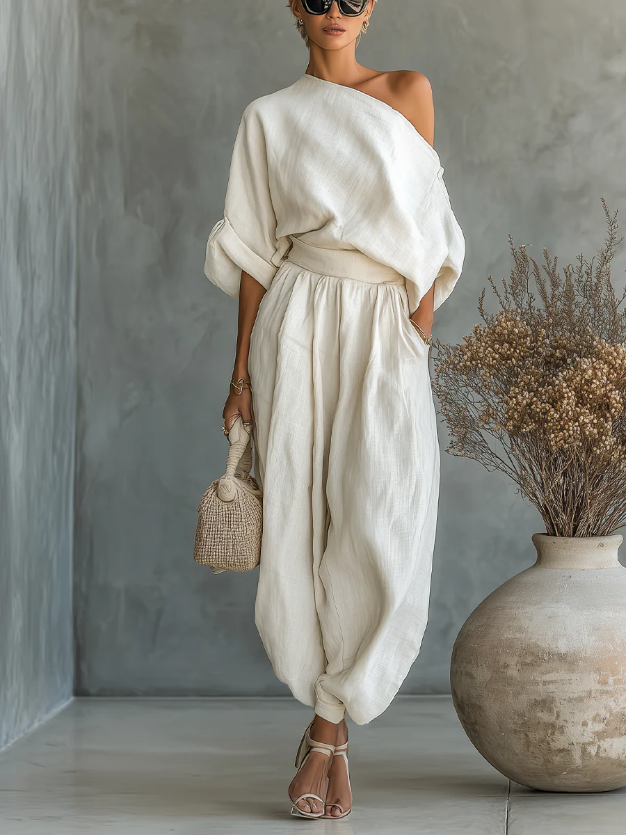 Livy | Off-white Off-shoulder Loose Casual Top And Tapered Pants Set