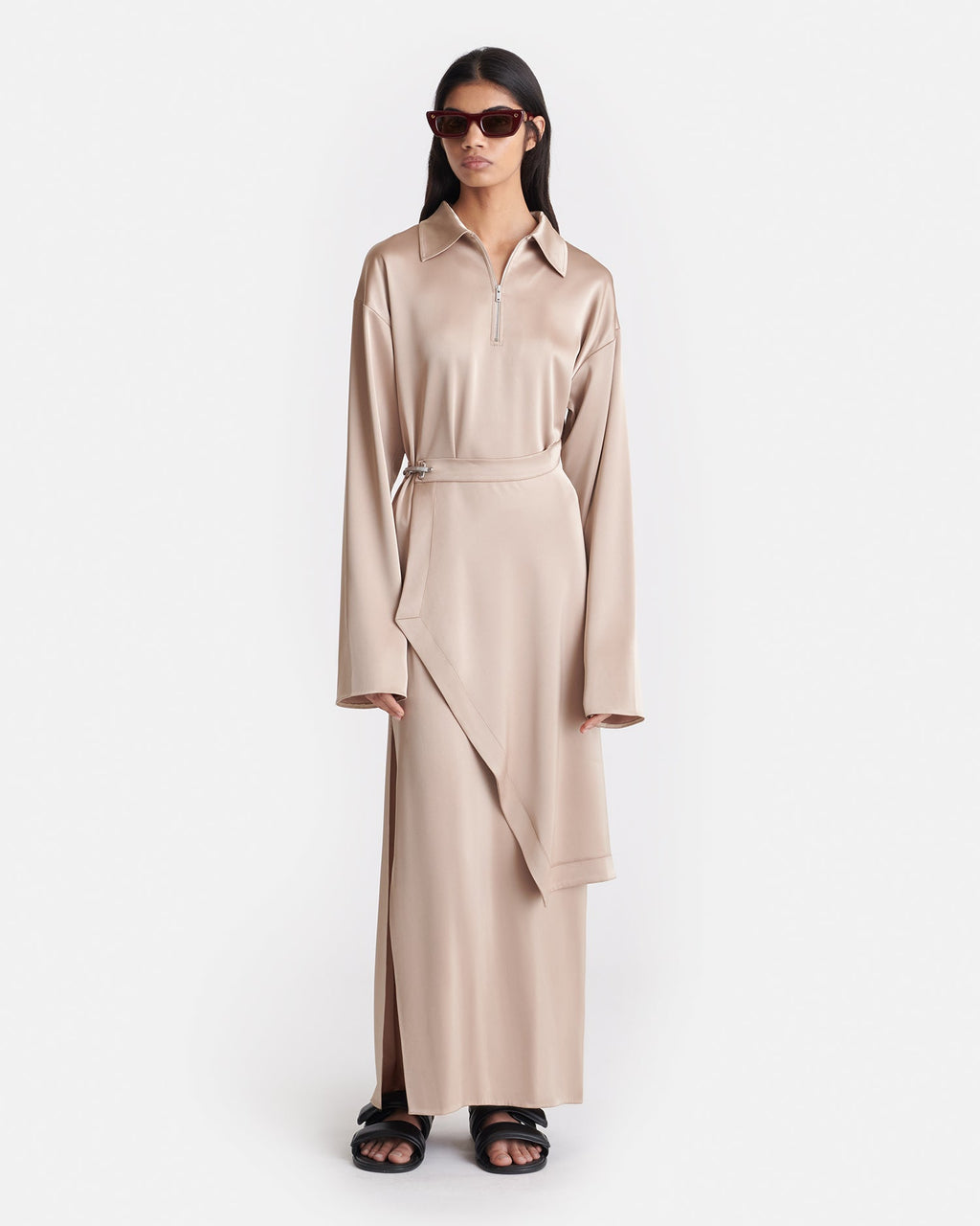 Zara Draped Satin Midi Dress with Zip Neckline and Waist Buckle 0