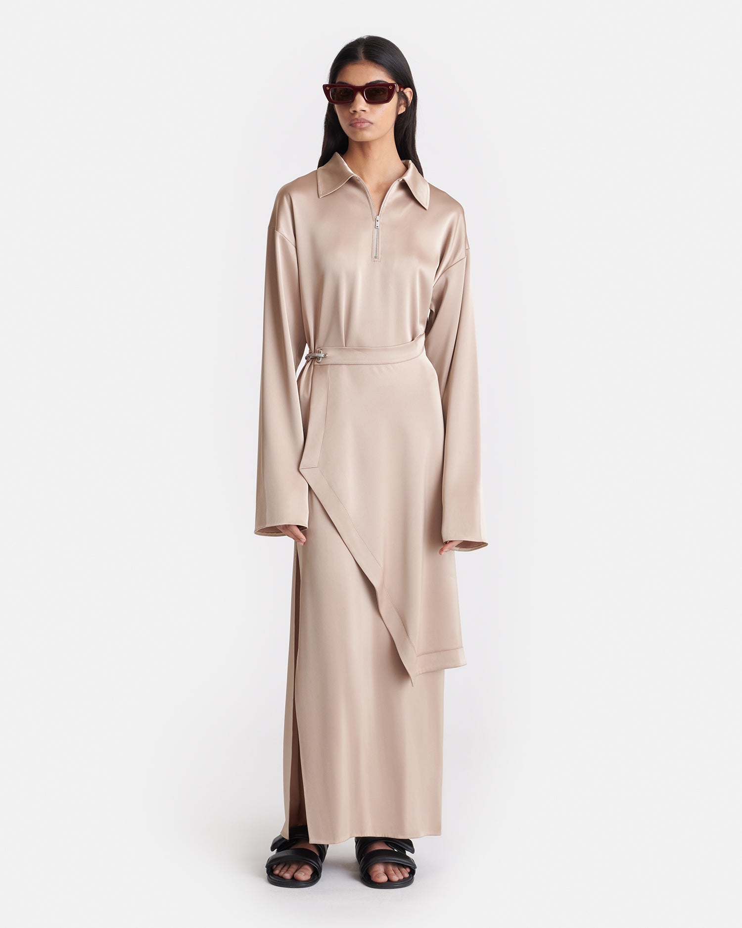 Zara Draped Satin Midi Dress with Zip Neckline and Waist Buckle 0