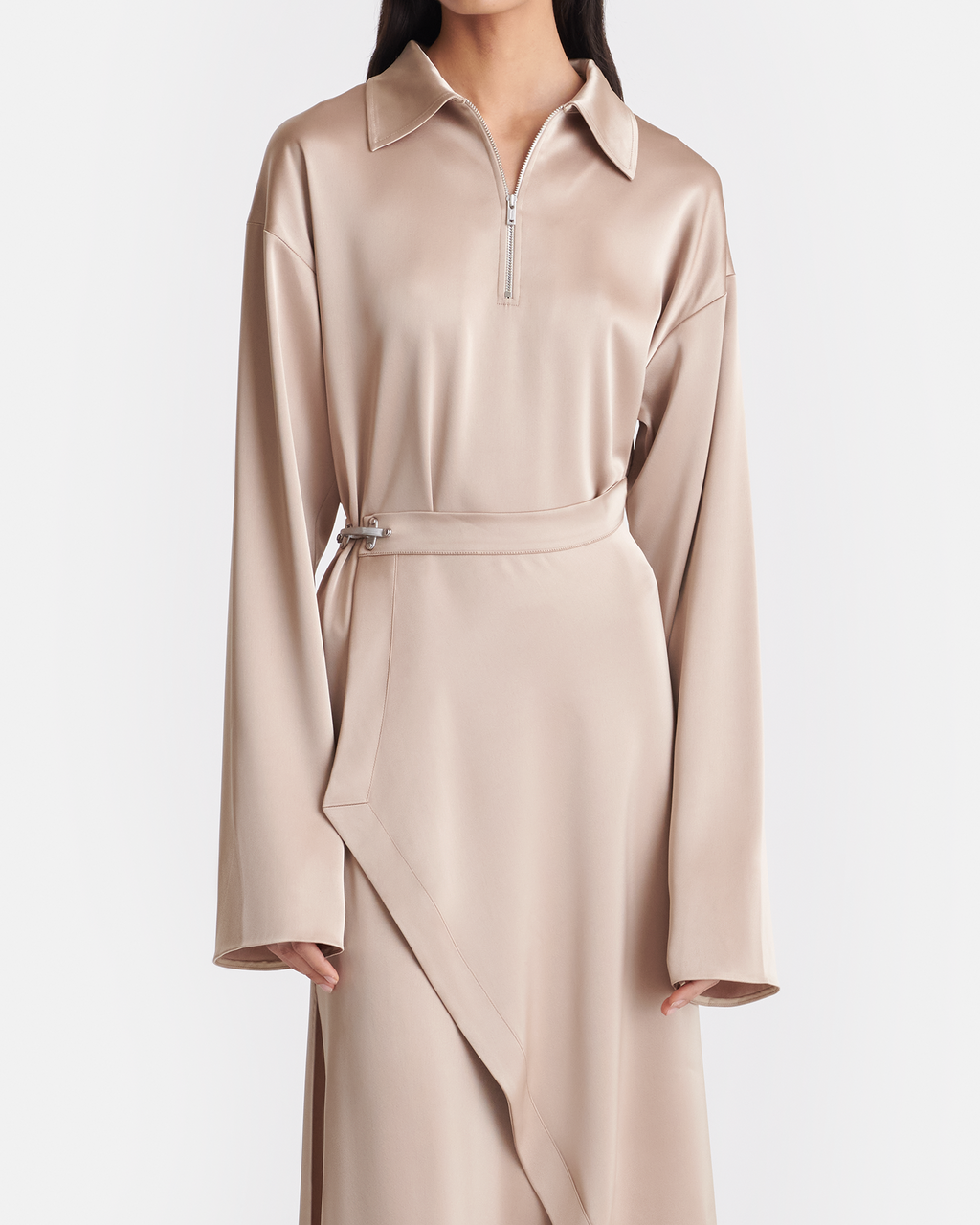 Zara Draped Satin Midi Dress with Zip Neckline and Waist Buckle 2