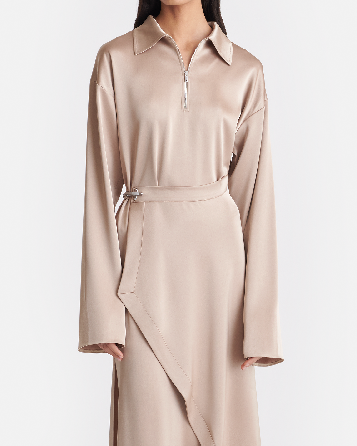 Zara Draped Satin Midi Dress with Zip Neckline and Waist Buckle 2