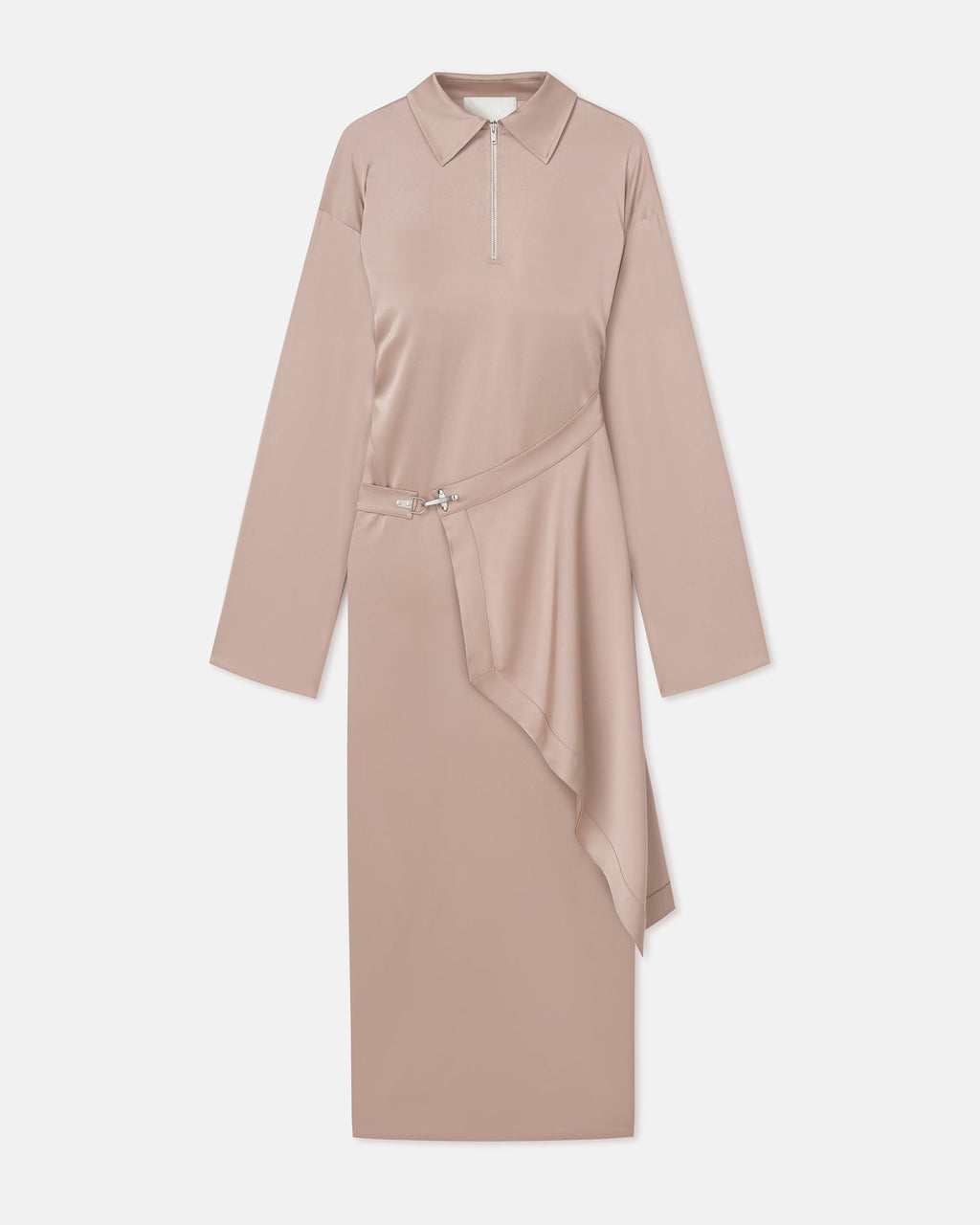 Zara Draped Satin Midi Dress with Zip Neckline and Waist Buckle 3