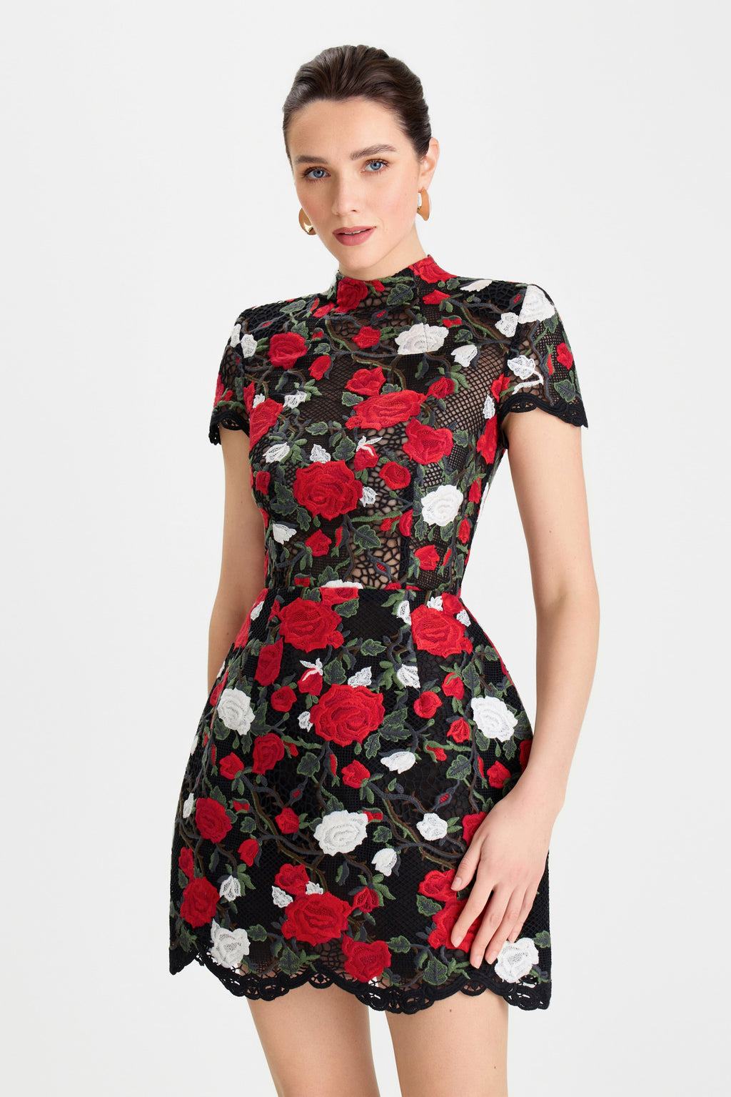 Zinnia Floral Dress Black White Red Rose Appliqué Lace Tulip Silhouette 0