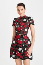 Zinnia Floral Dress Black White Red Rose Appliqué Lace Tulip Silhouette 0