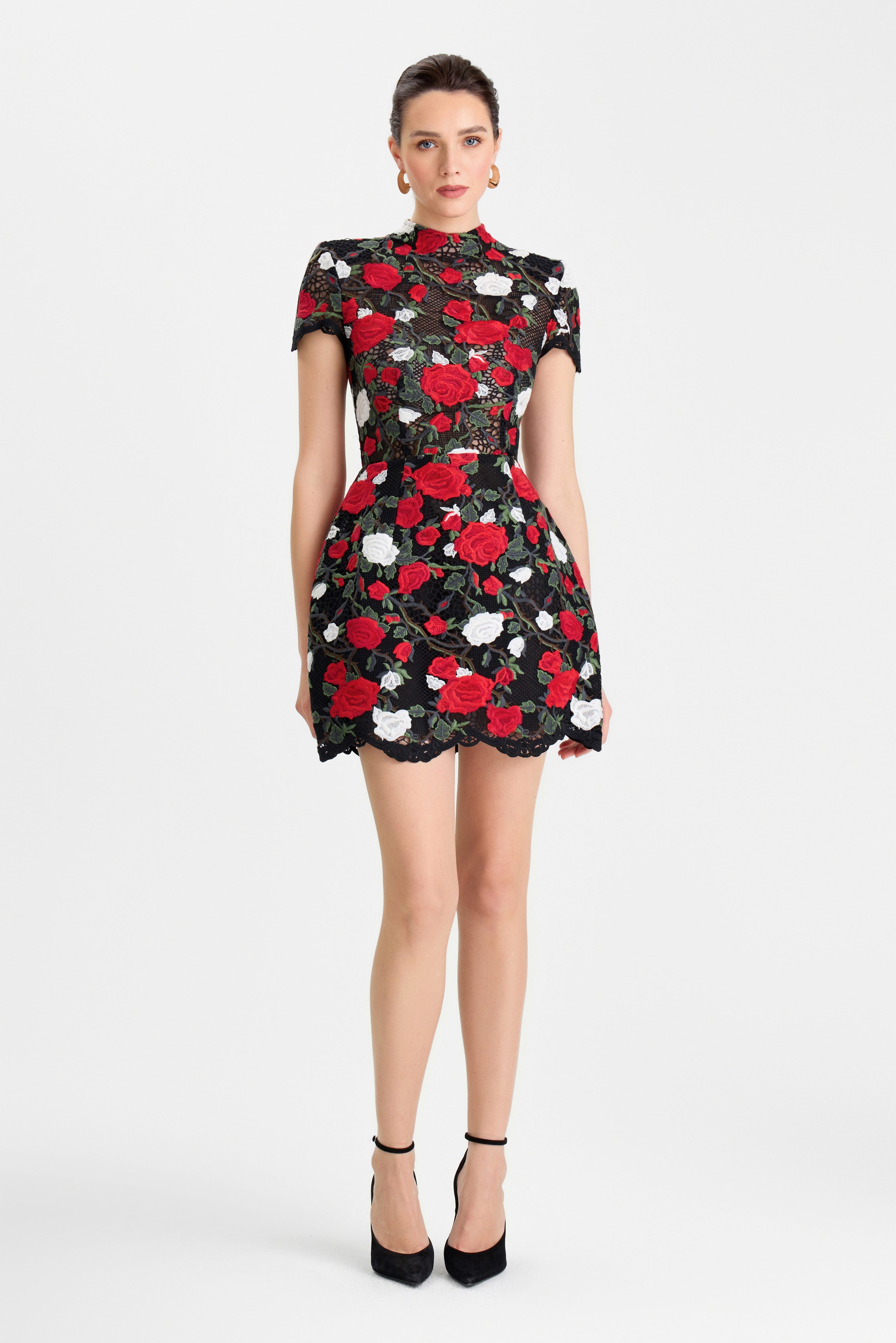 Zinnia Floral Dress Black White Red Rose Appliqué Lace Tulip Silhouette 1