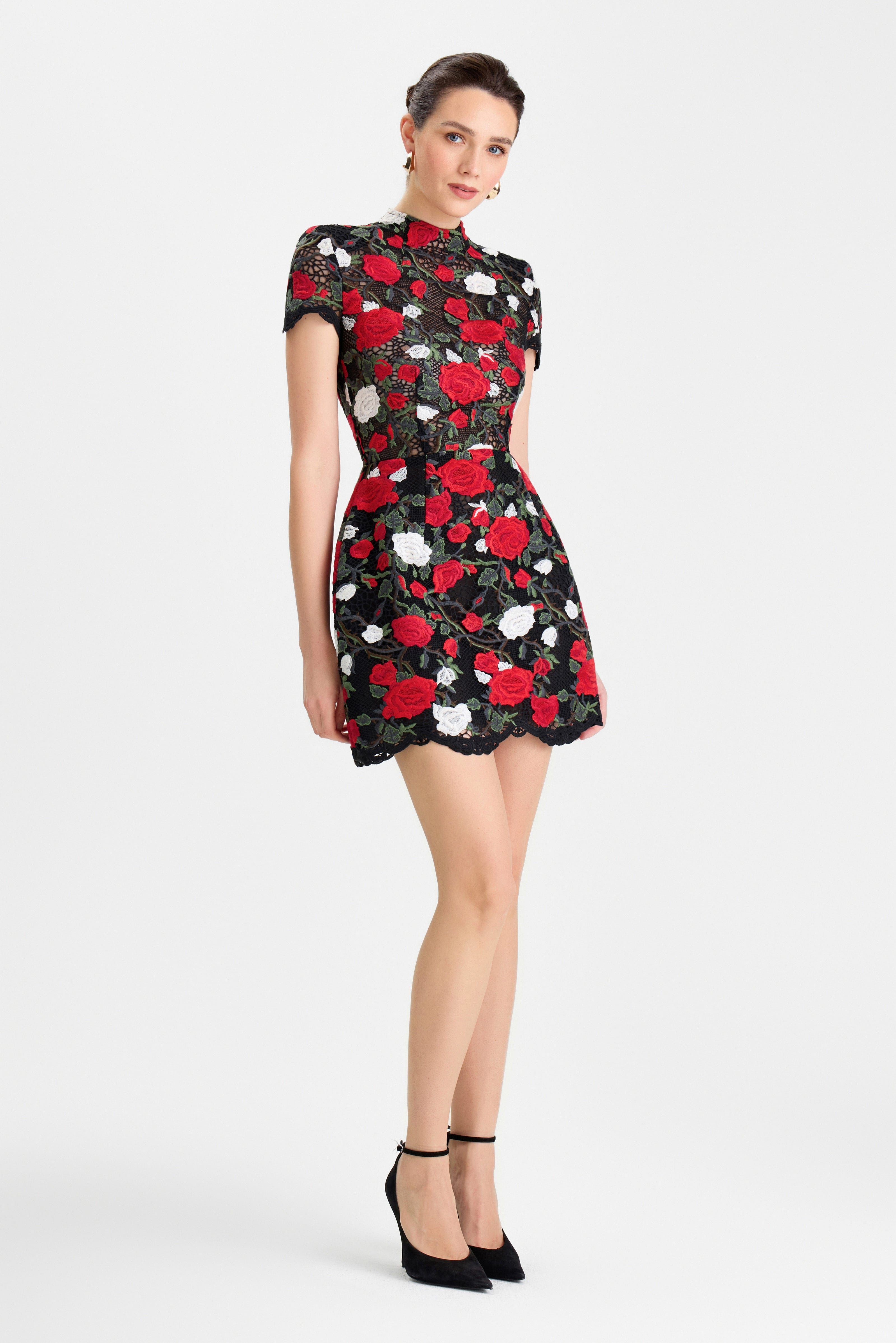Zinnia Floral Dress Black White Red Rose Appliqué Lace Tulip Silhouette 2