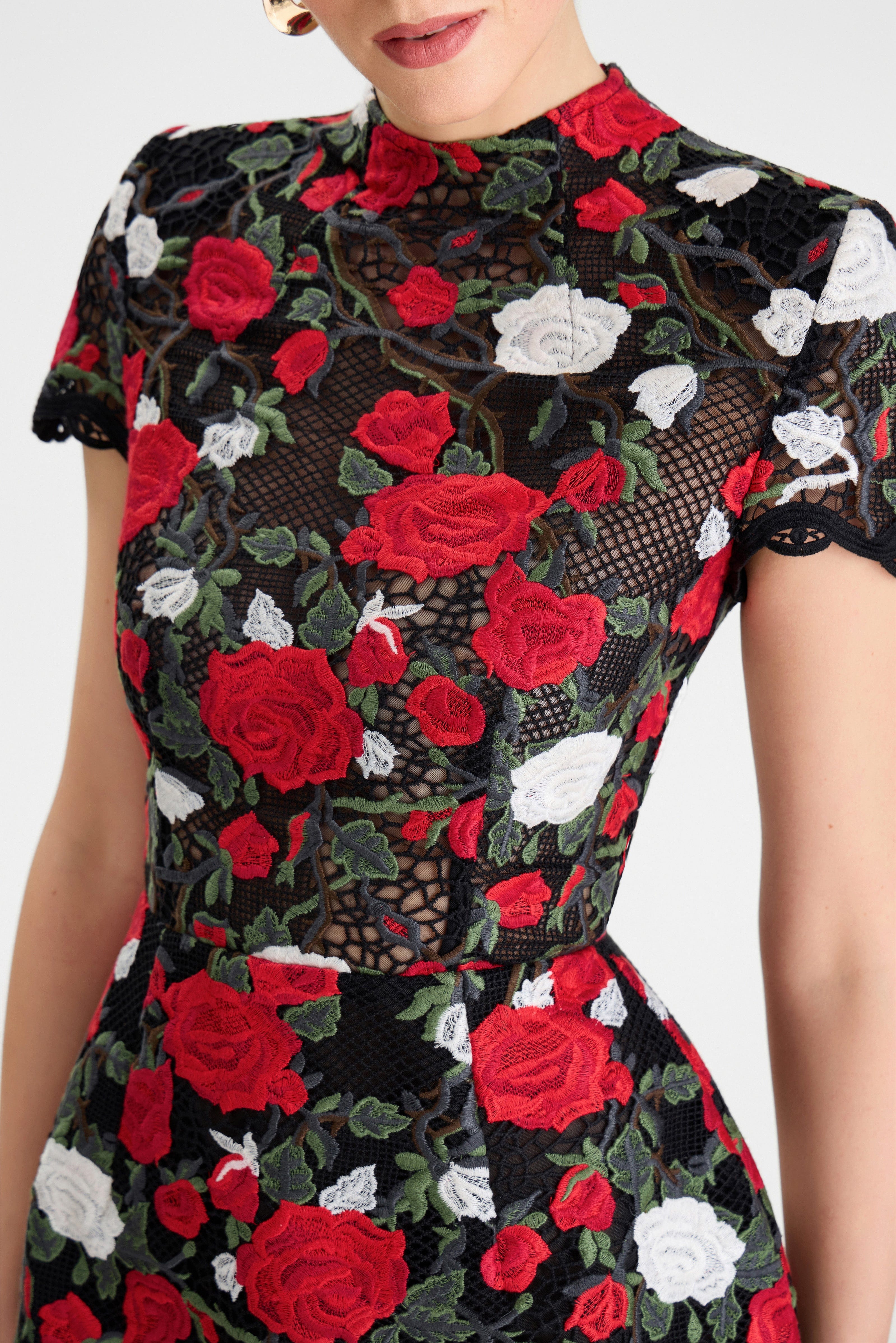 Zinnia Floral Dress Black White Red Rose Appliqué Lace Tulip Silhouette 4