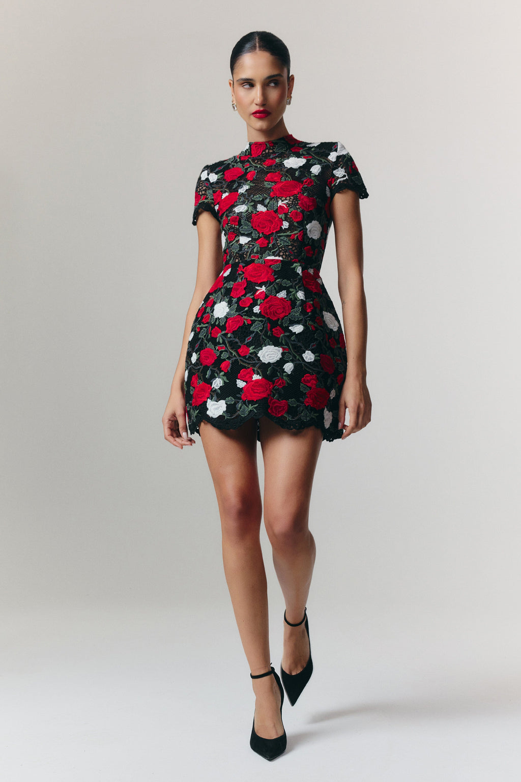 Zinnia Floral Dress Black White Red Rose Appliqué Lace Tulip Silhouette 6