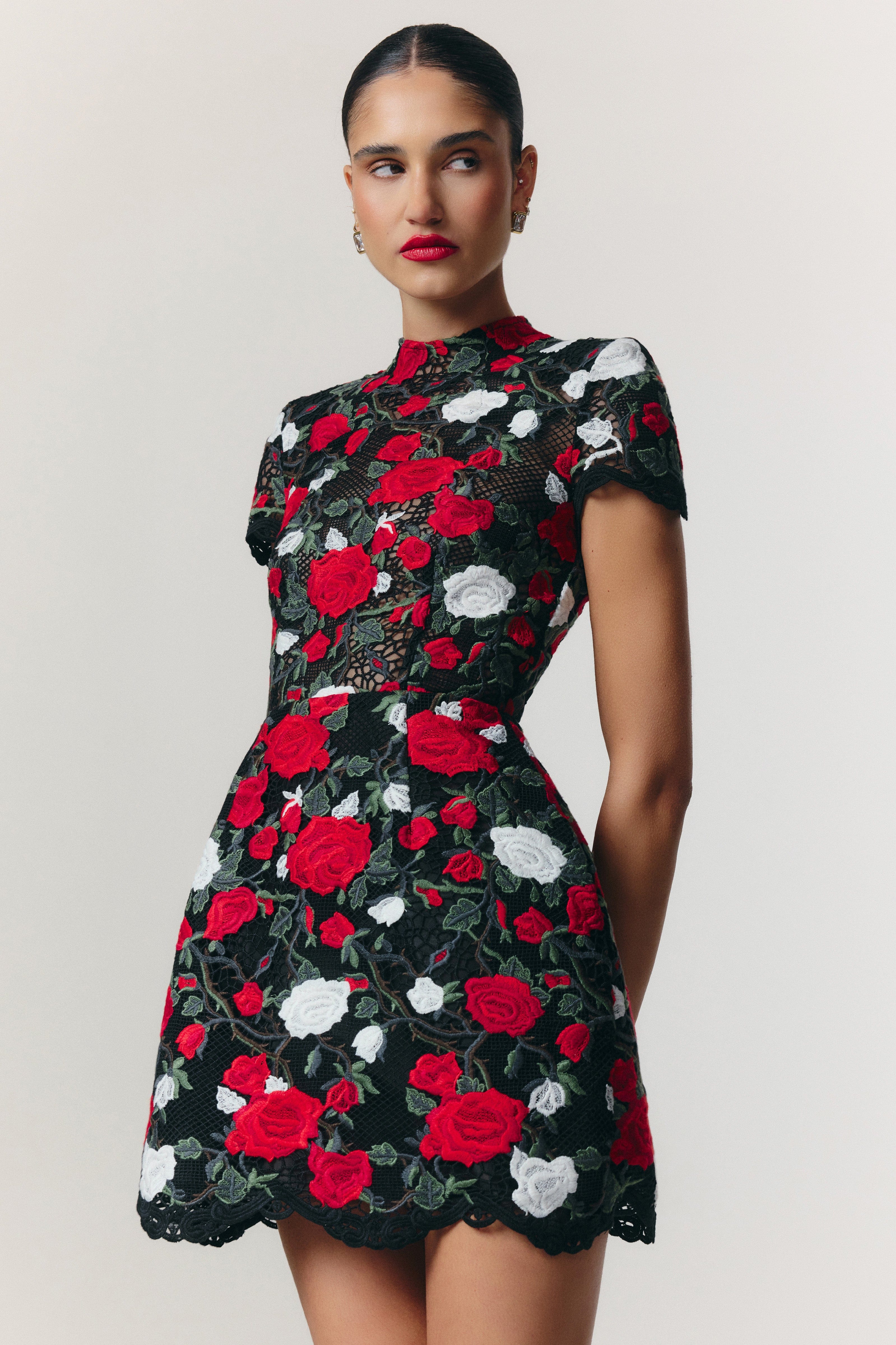 Zinnia Floral Dress Black White Red Rose Appliqué Lace Tulip Silhouette 7