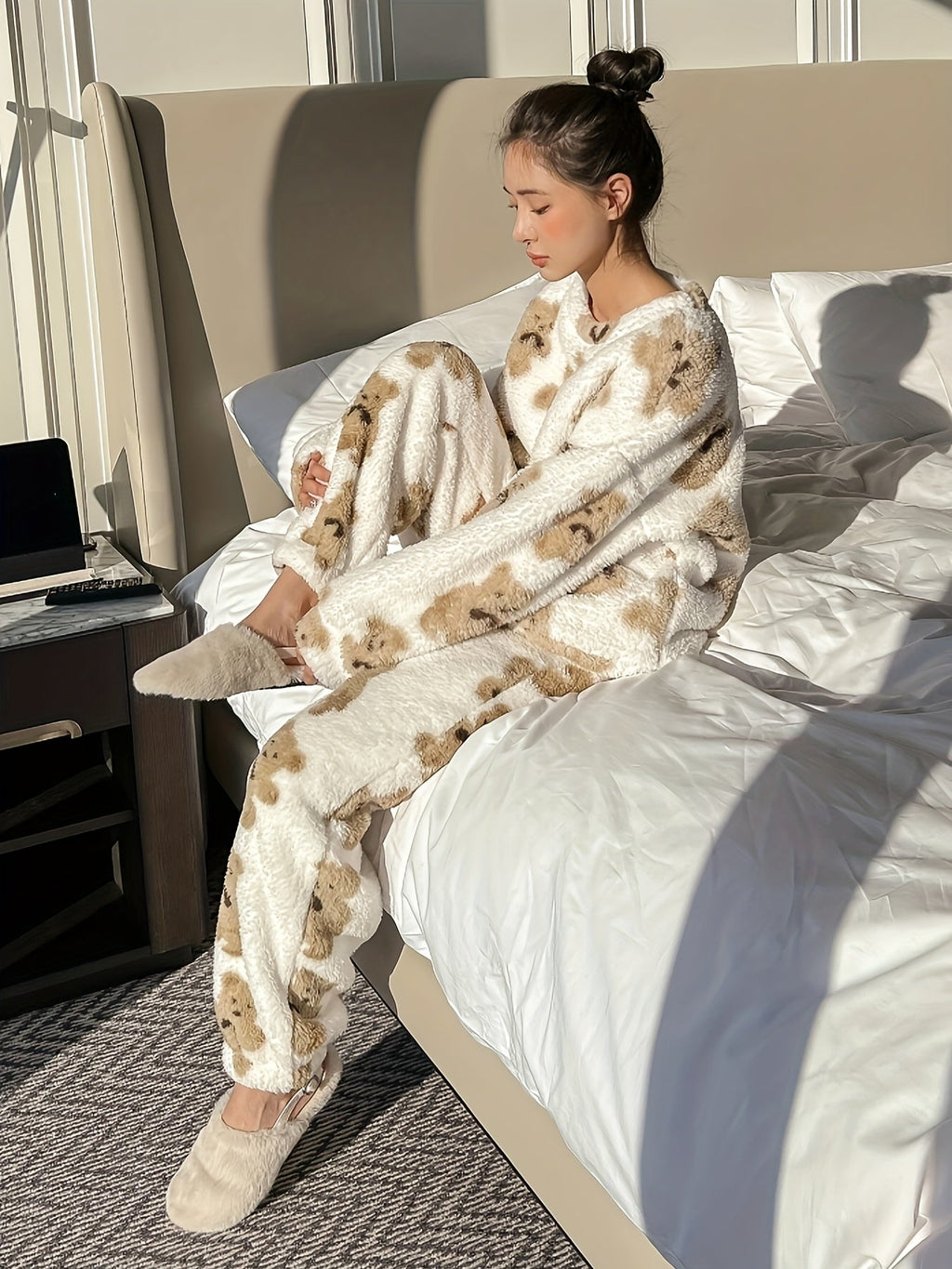 Teddy Bear Print Lounge Set | Ivory & Tan | Ultra-Soft Nylon | Cozy Loungewear