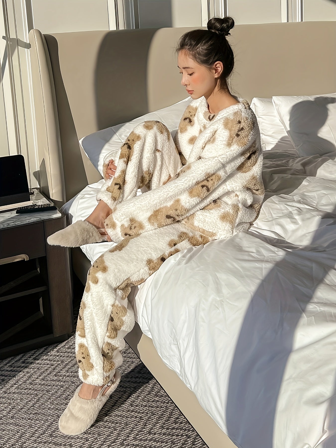 Teddy Bear Print Lounge Set | Ivory & Tan | Ultra-Soft Nylon | Cozy Loungewear