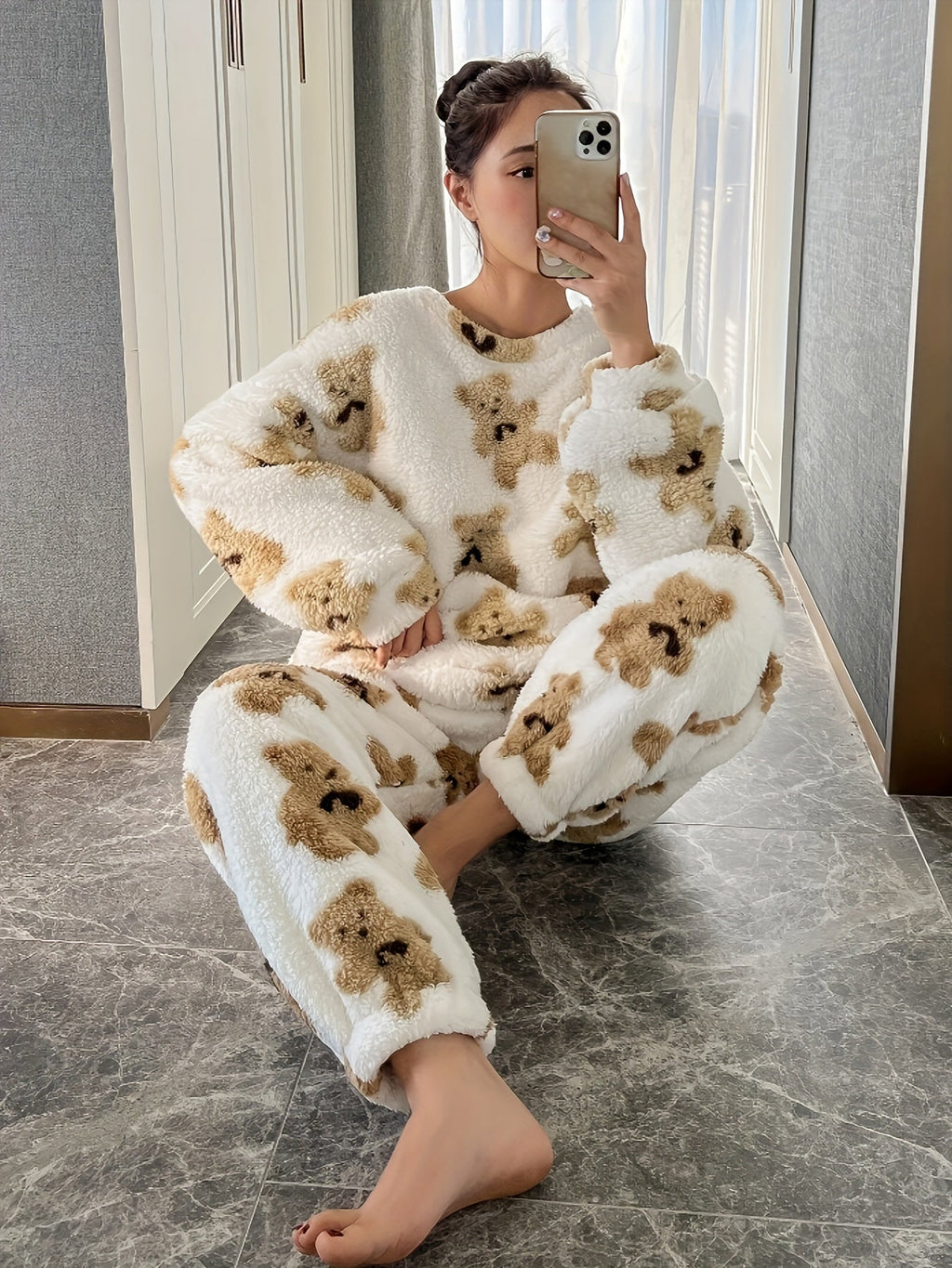 Teddy Bear Print Lounge Set | Ivory & Tan | Ultra-Soft Nylon | Cozy Loungewear