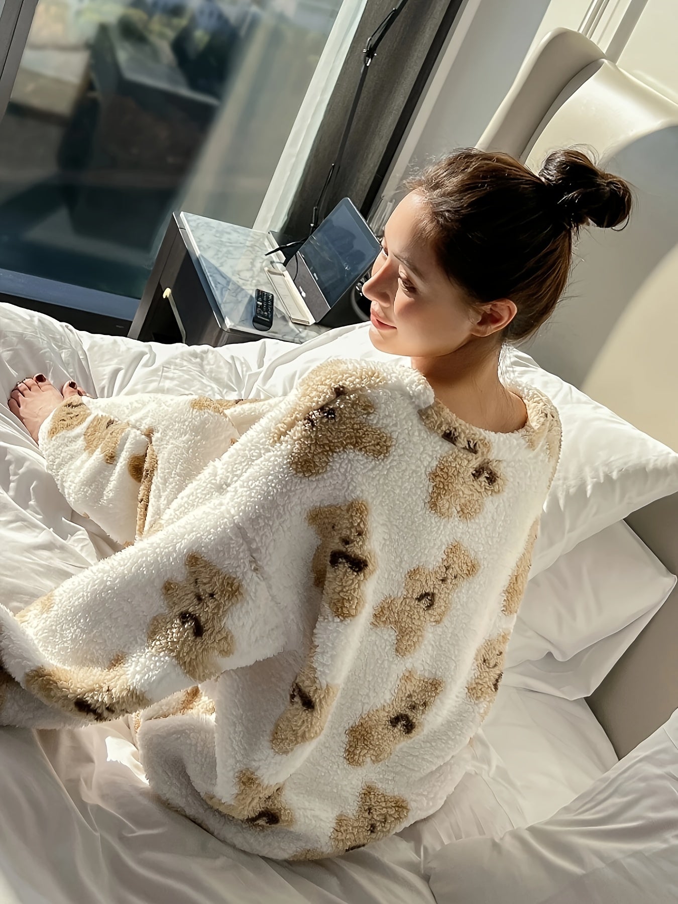 Teddy Bear Print Lounge Set | Ivory & Tan | Ultra-Soft Nylon | Cozy Loungewear