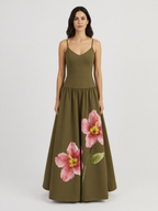 Olive green floral maxi dress front view