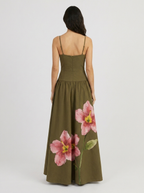 Olive green floral maxi dress back view