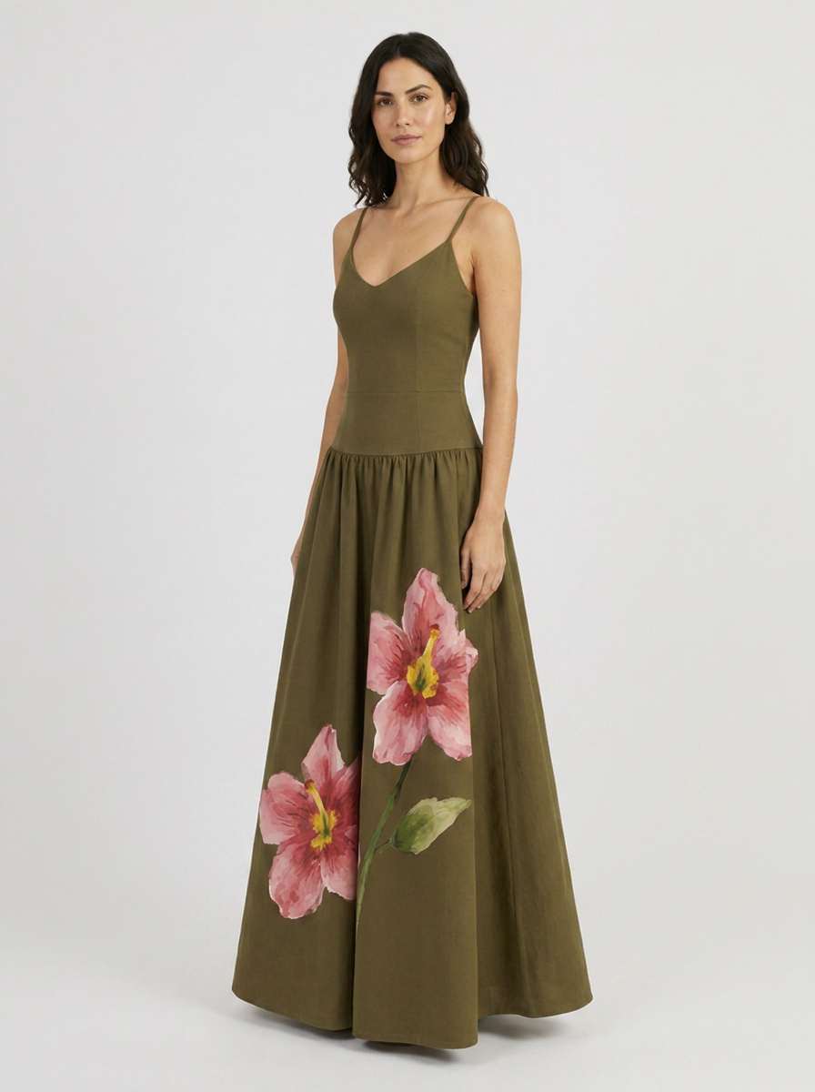 Olive green floral maxi dress 3/4 view