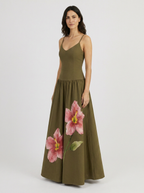 Olive green floral maxi dress 3/4 view