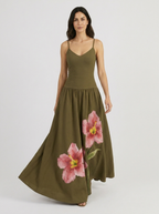 Olive green floral maxi dress walking