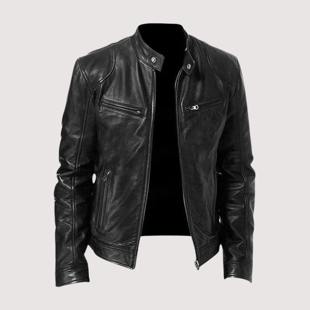 Mitchel faux leather jacket in black, front view with the zip open