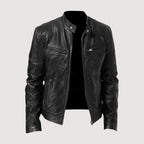 Mitchel faux leather jacket in black, front view with the zip open