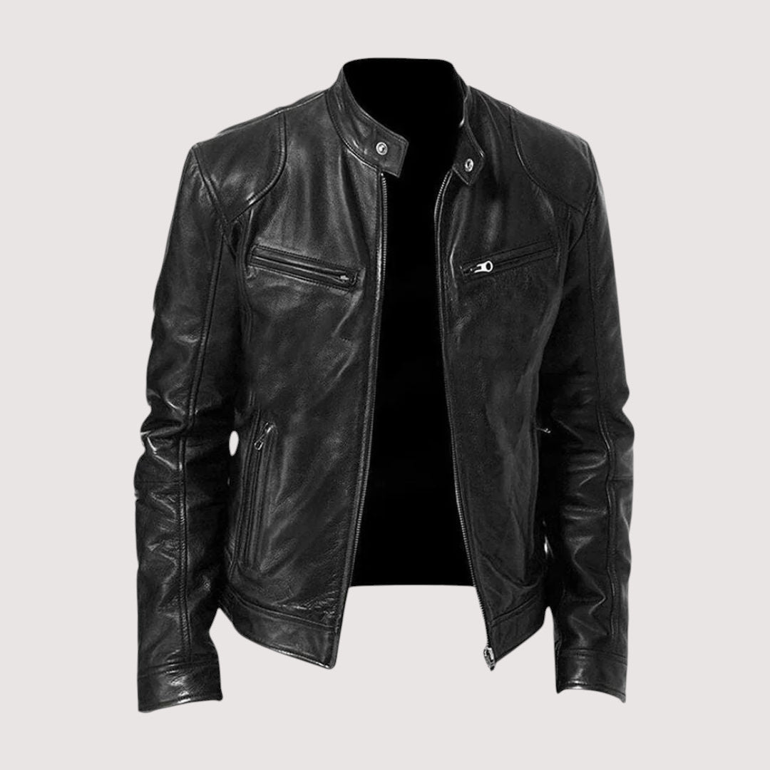Mitchel faux leather jacket in black, front view with the zip open