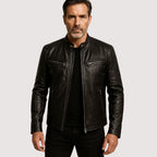 Man wearing the Mitchel faux leather jacket in black