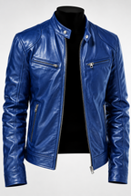 Mitchel faux leather jacket in blue, front view on a mannequin