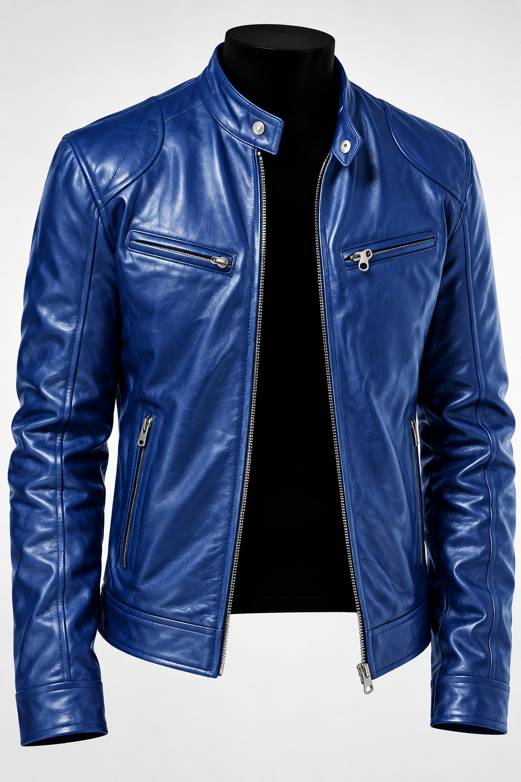 Mitchel faux leather jacket in blue, front view on a mannequin
