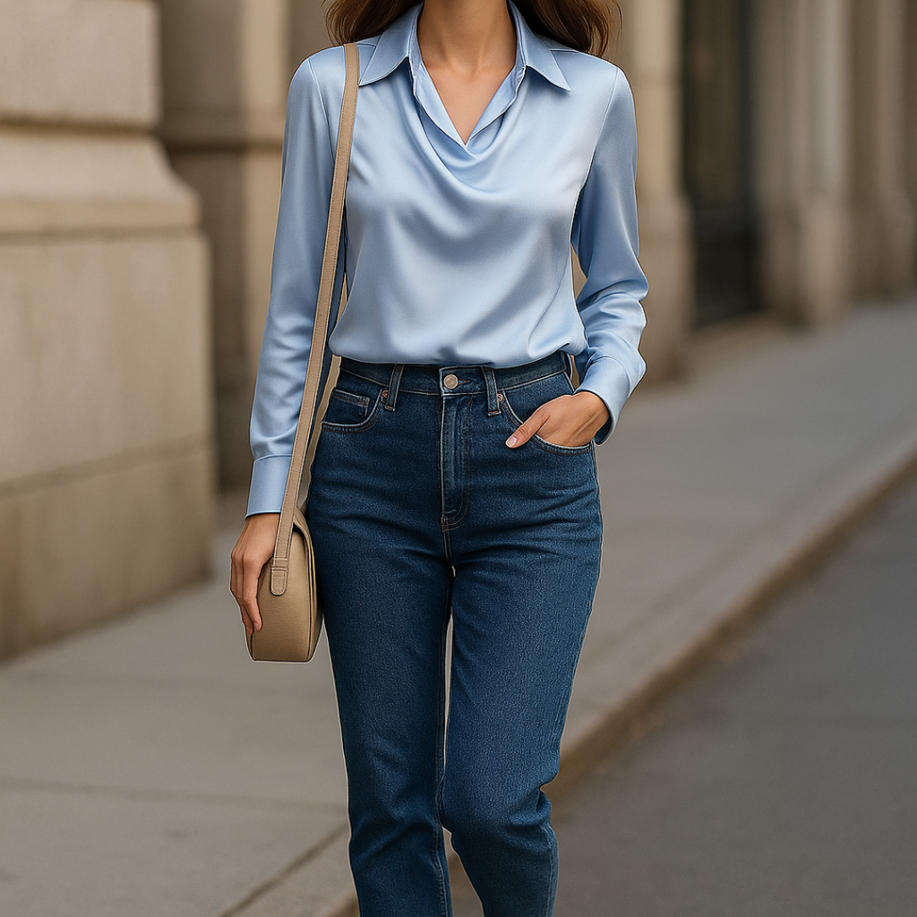 Laureline | Shiny Blouse with Pleated Collar
