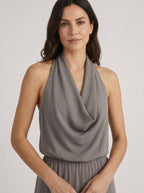 Adele steel grey dress, close-up cowl neckline detail