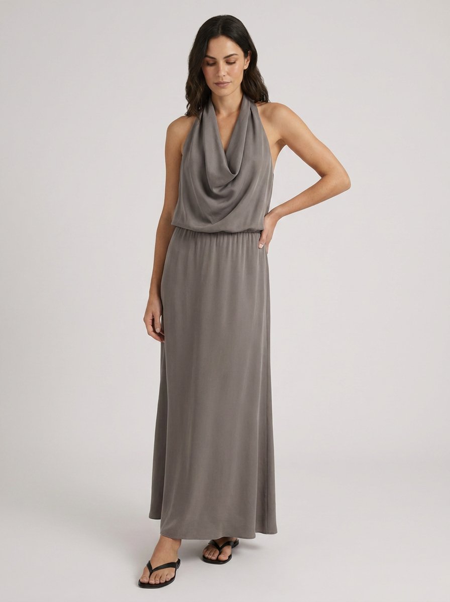 Adele steel grey cowl neck halter midi dress, front view, matching black flat sandals