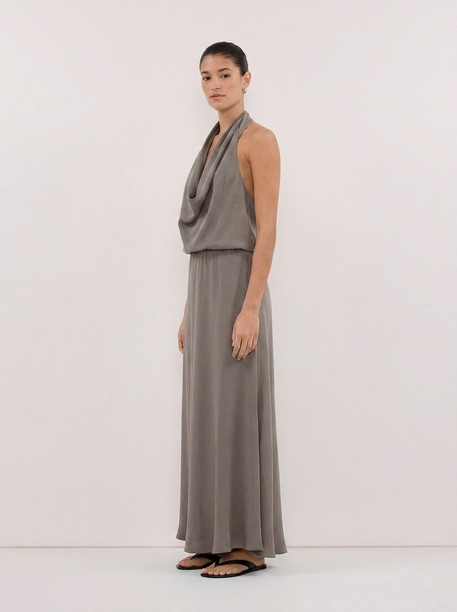 Adele steel grey dress, side view