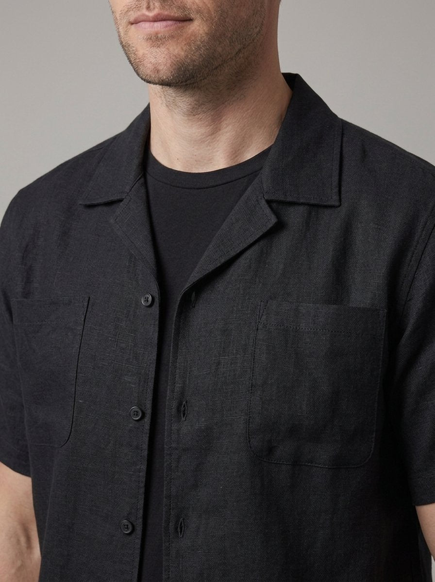 Alaric linen shirt short sleeve - collar and pocket detail