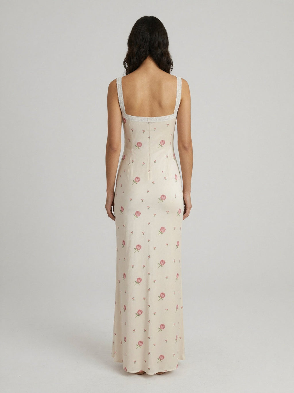 Écru floral lace v-neck dress back view