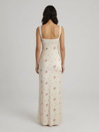 Écru floral lace v-neck dress back view