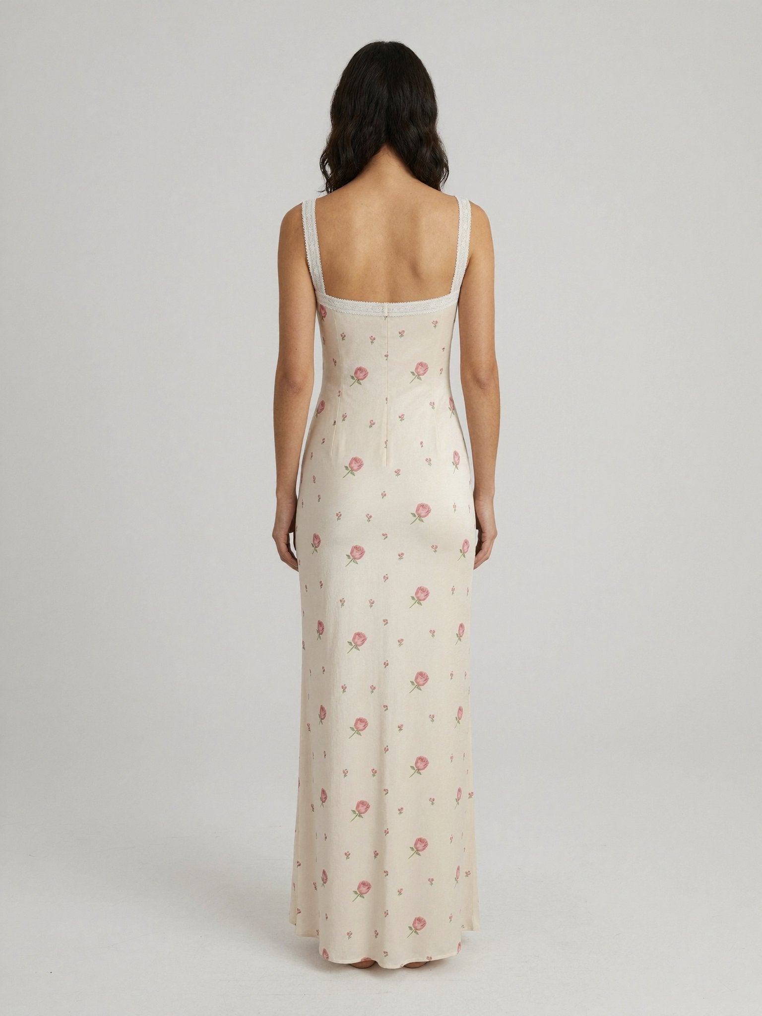 Écru floral lace v-neck dress back view