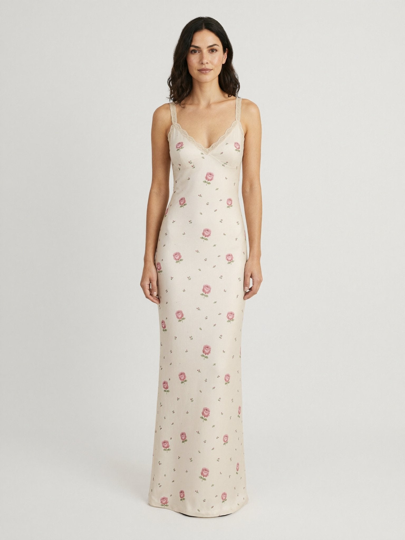 Écru floral lace v-neck dress front view