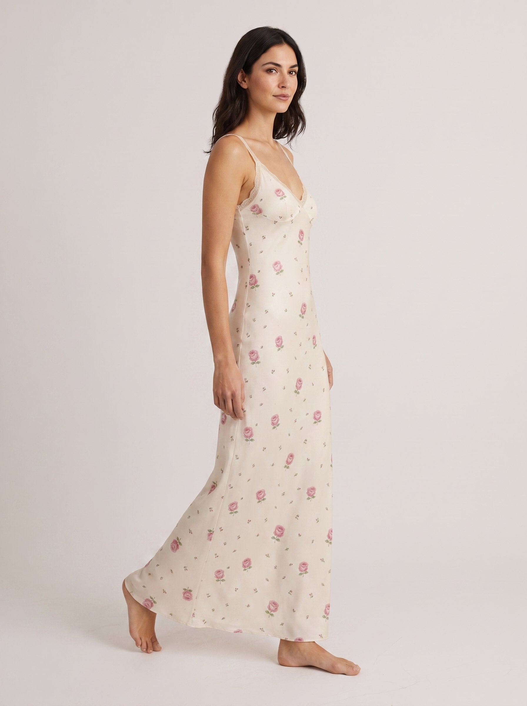 Écru floral lace v-neck dress walking