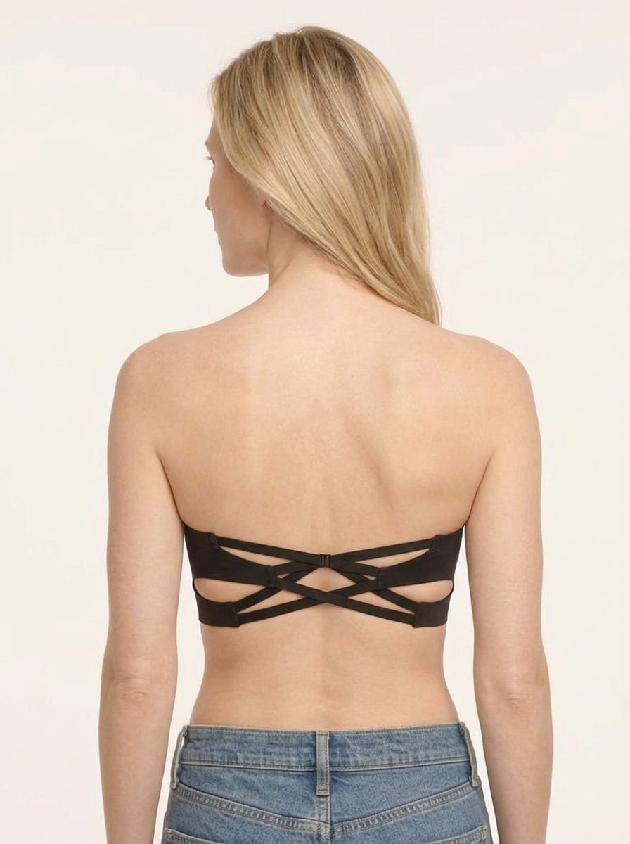 Black seamless bandeau bralette showing criss cross side closure detail, back view