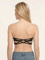 Black seamless bandeau bralette showing criss cross side closure detail, back view