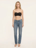 Black seamless bandeau bralette with criss cross side closure, front view