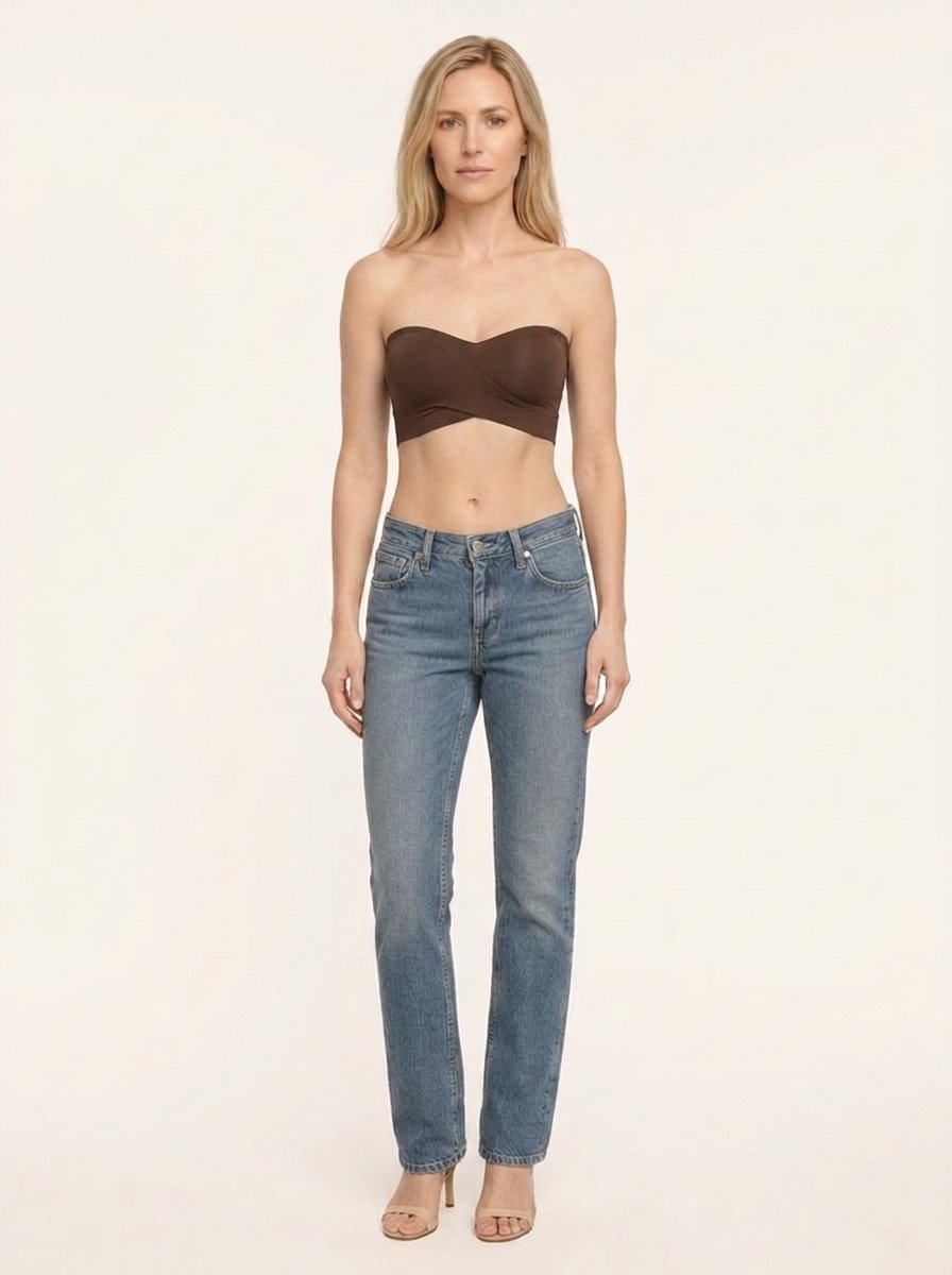 Coffee brown seamless bandeau bralette with criss cross side closure
