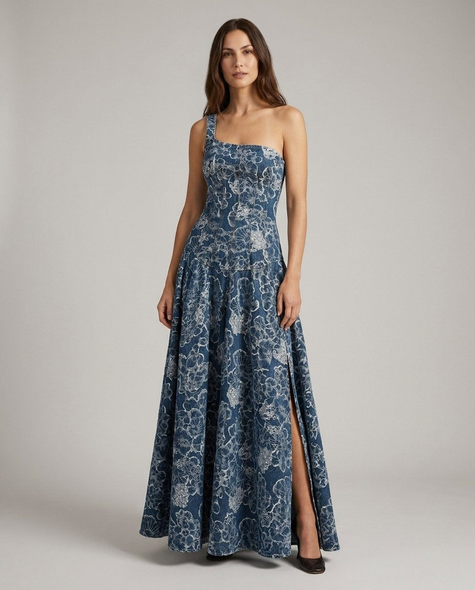 Arlo Women's Maxi Dress Denim Fitted Waist Soft Square Neckline 0