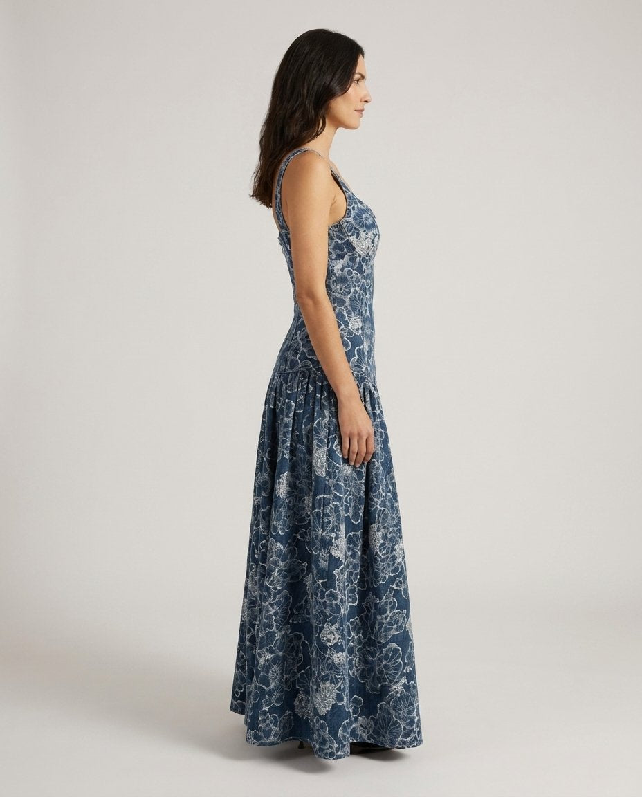Arlo Women's Maxi Dress Denim Fitted Waist Soft Square Neckline 1