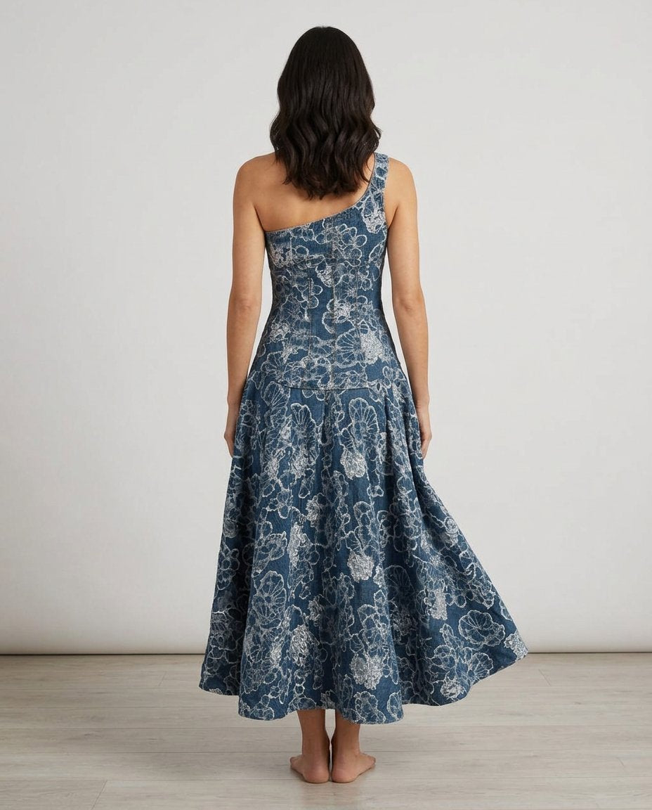 Arlo Women's Maxi Dress Denim Fitted Waist Soft Square Neckline 2