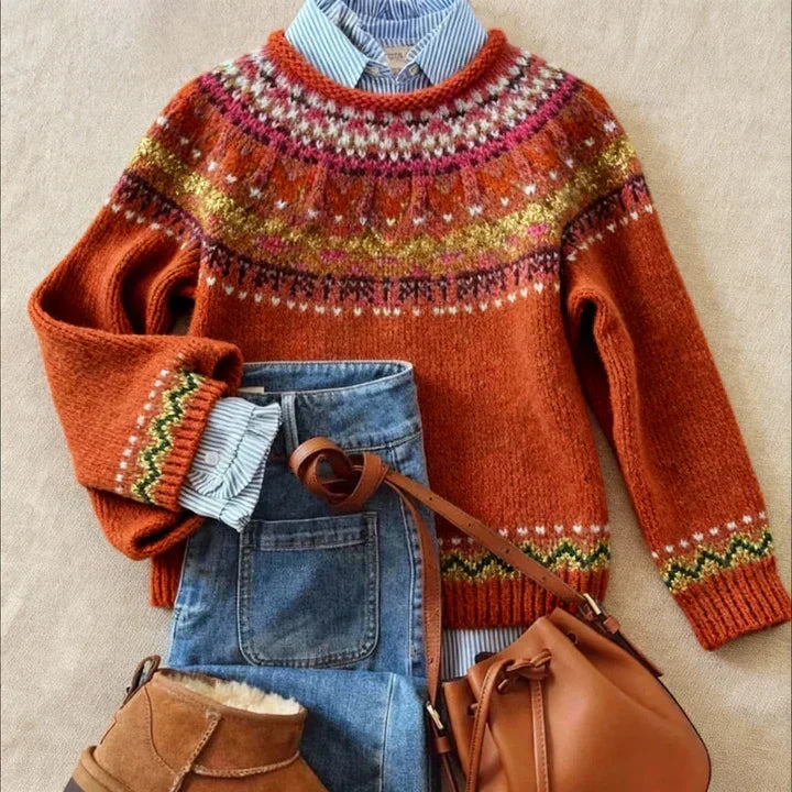 Beatrix Nordic yoke knit sweater in rust