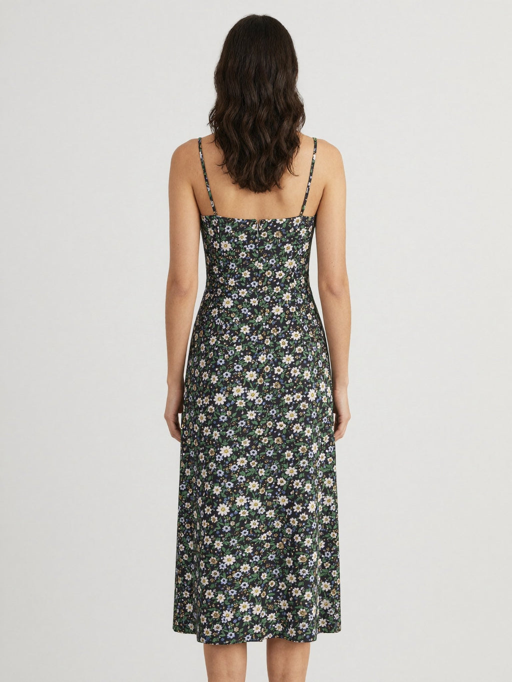 Black floral midi dress back view