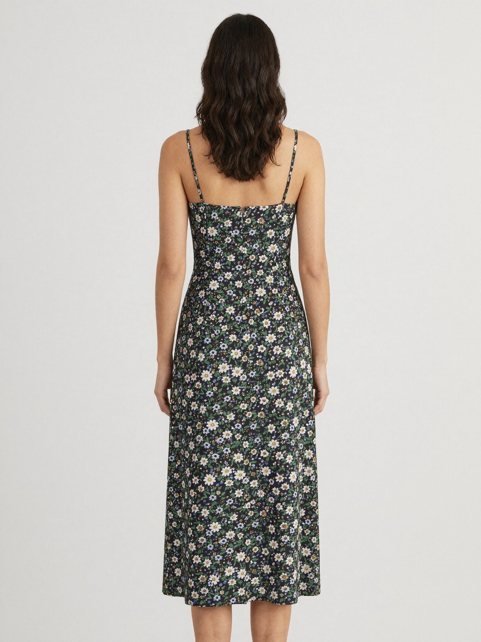 Black floral midi dress back view