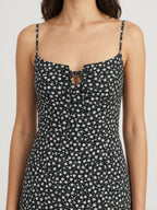 Black floral midi dress tie neckline detail